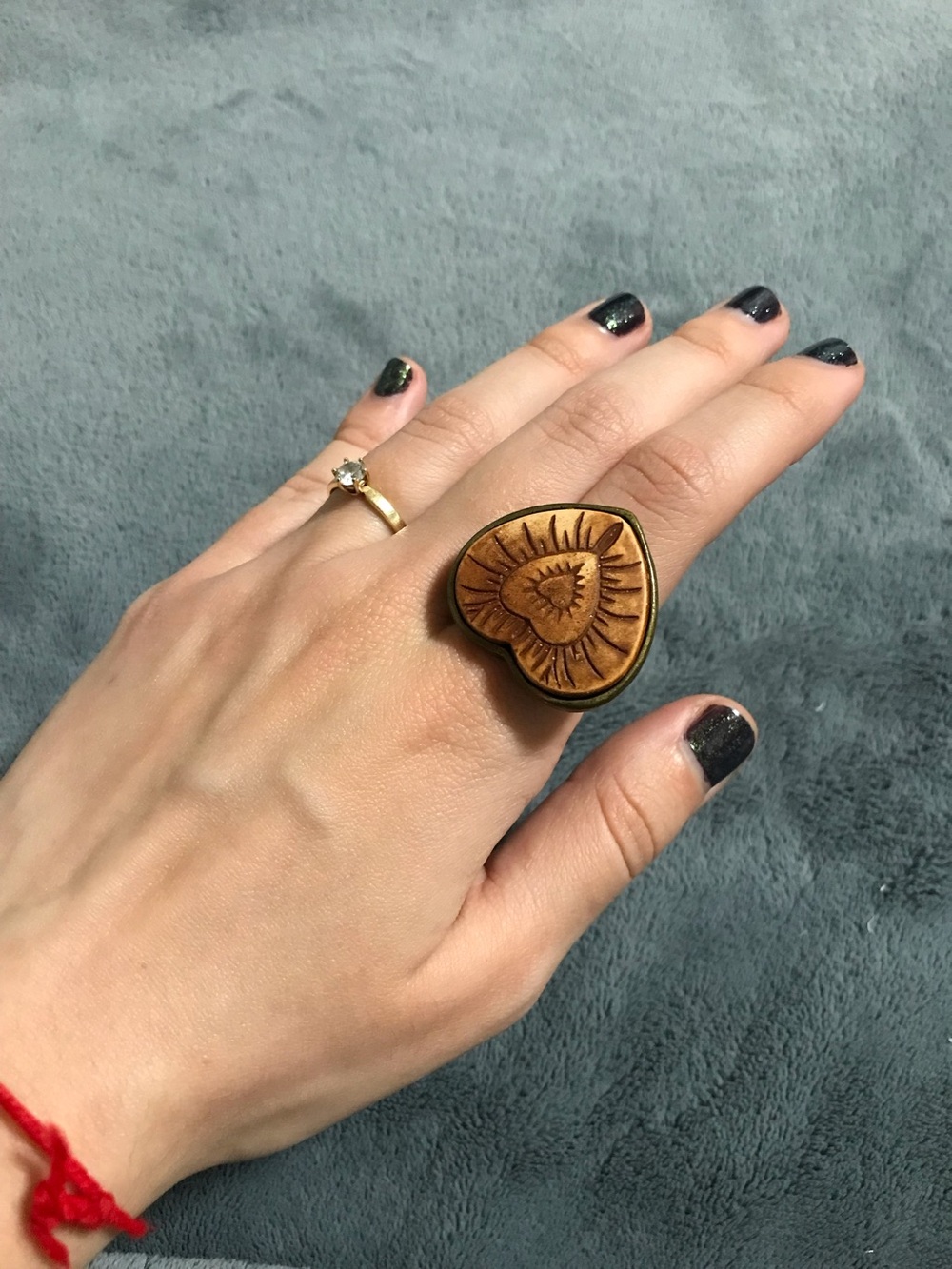 Carved Heart Light Brown Wood Statement Adjustable Ring Size 8
